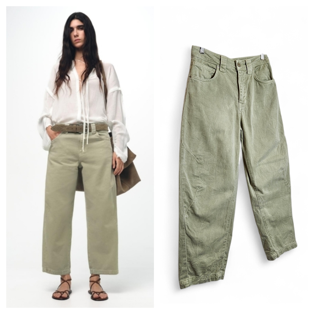 Zara Cropped Barrel Jeans Olive Green High Rise Y2K Gorpcore Utility 2